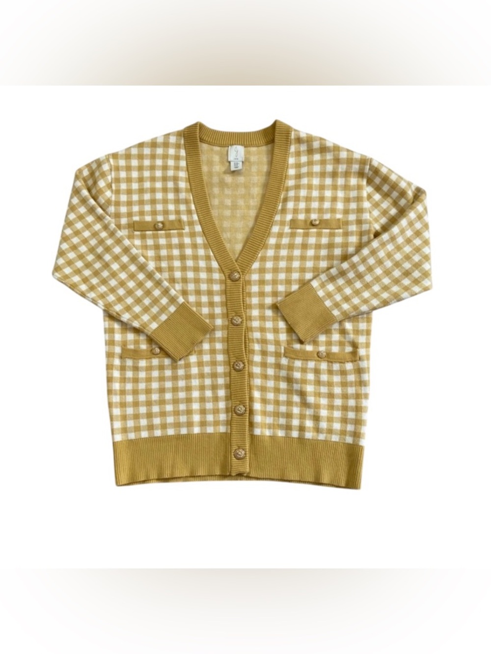 Joie Mustard Yellow‎ Gingham Checkered V-Neck Soft Cardigan Lion Buttons Medium